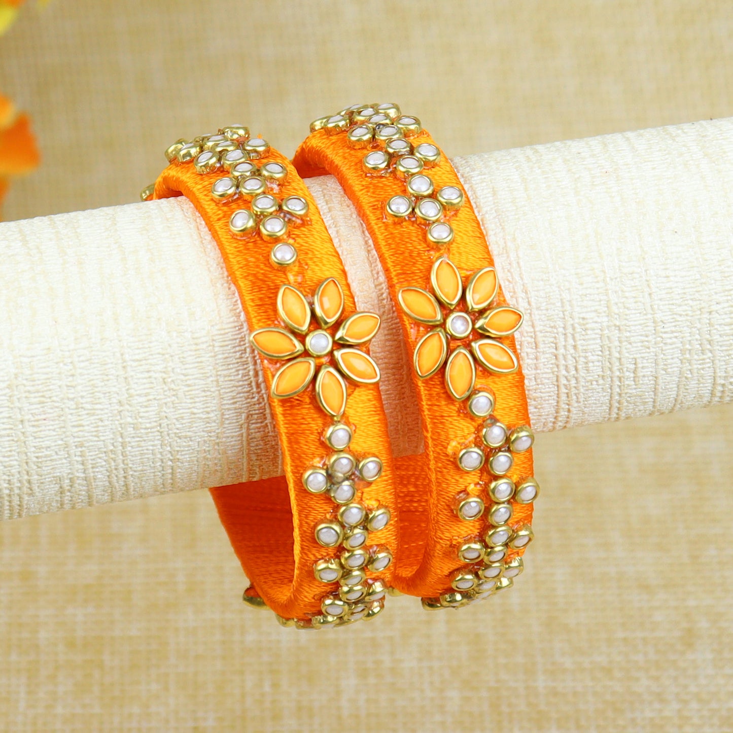 Silk Thread Floral Kundan Stone Bangles - Set of 2