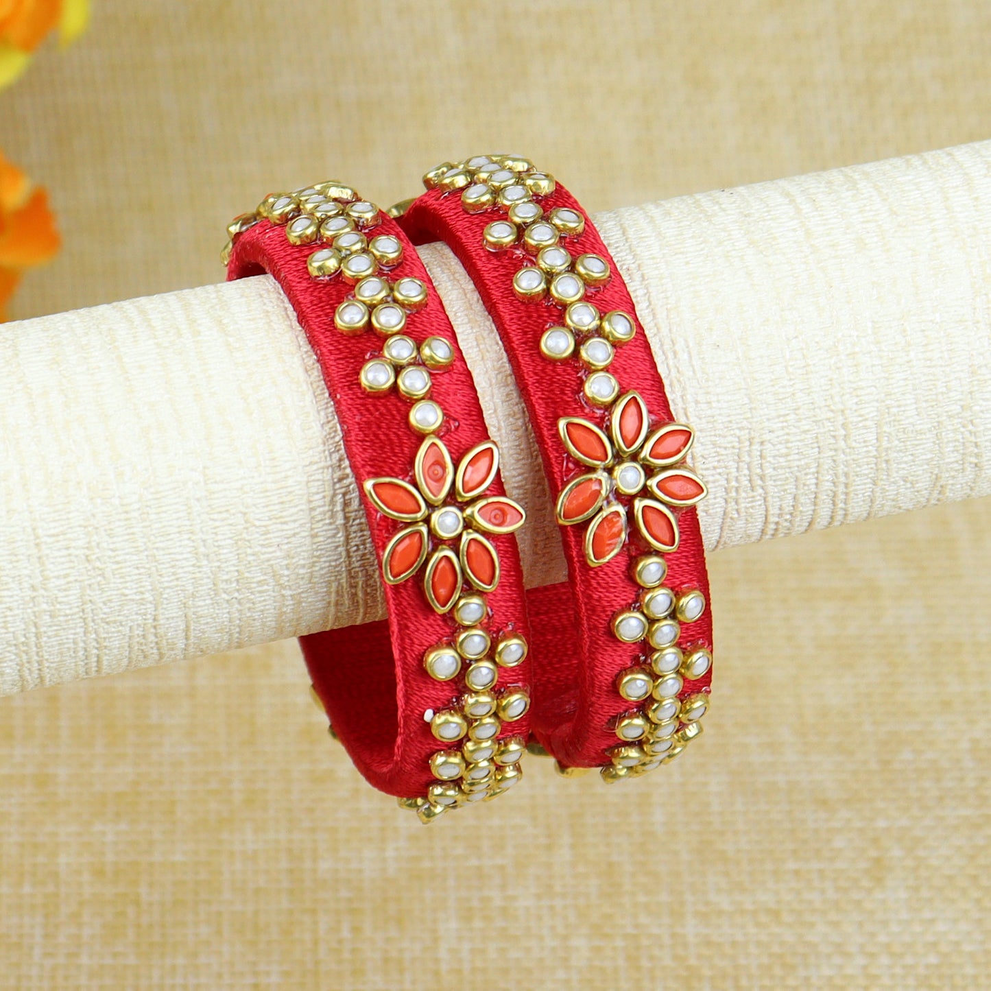 Silk Thread Floral Kundan Stone Bangles - Set of 2