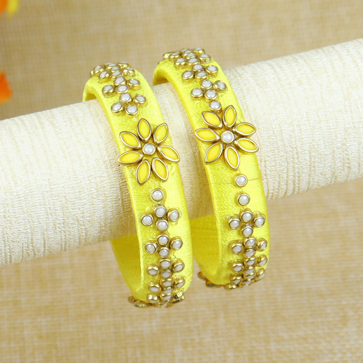 Silk Thread Floral Kundan Stone Bangles - Set of 2