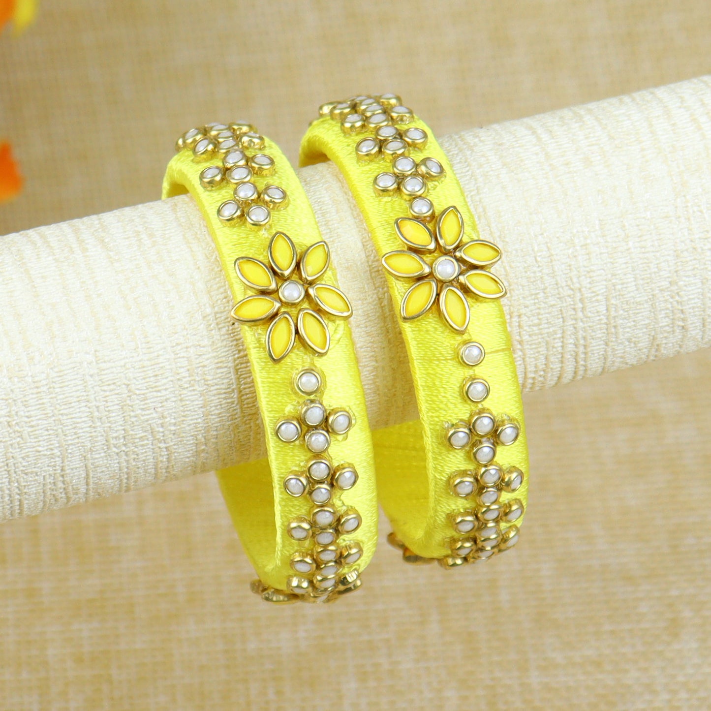 Silk Thread Floral Kundan Stone Bangles - Set of 2