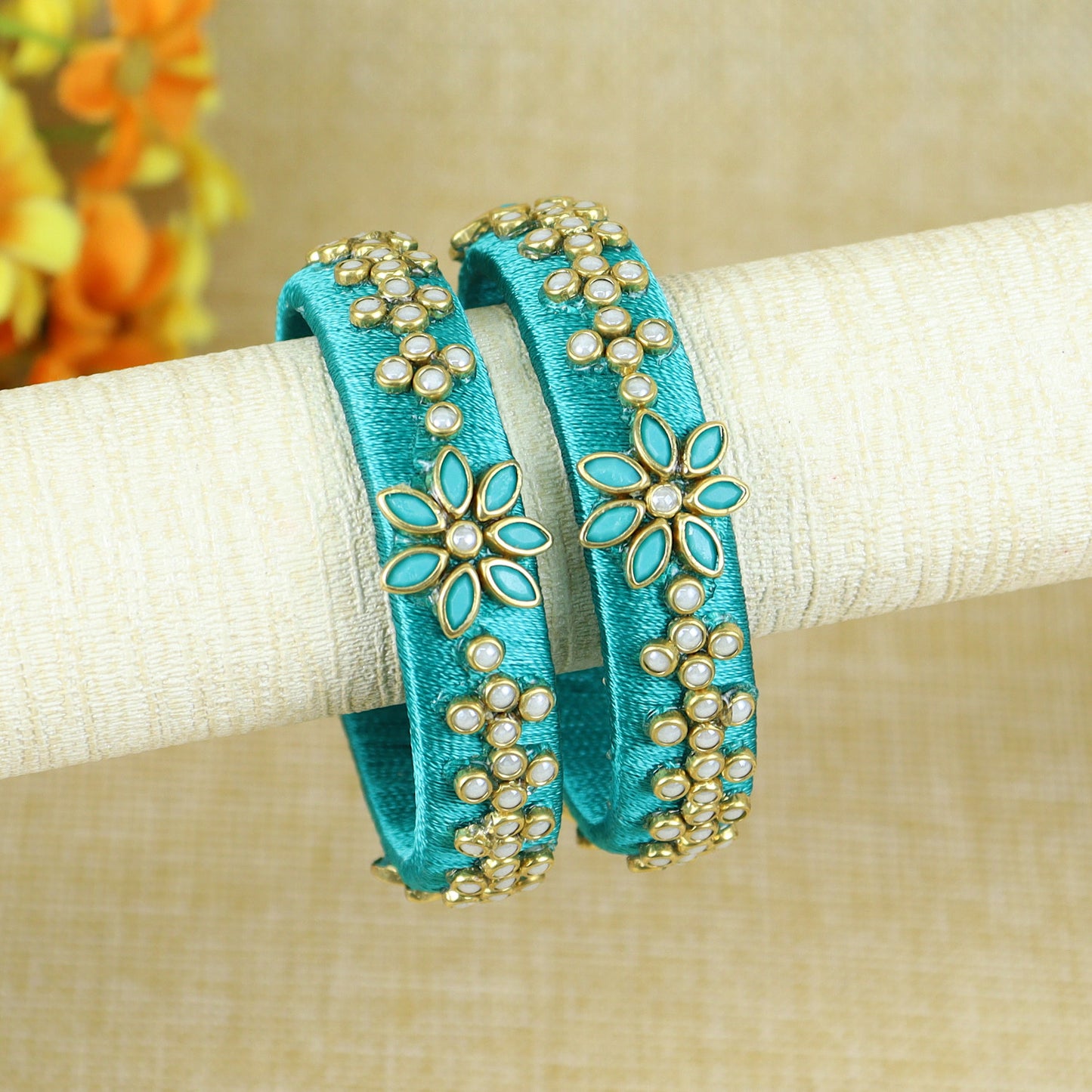 Silk Thread Floral Kundan Stone Bangles - Set of 2