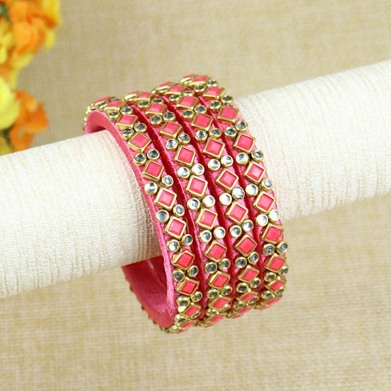 Silk Thread Square Kundan Stone Bangles - Set of 4