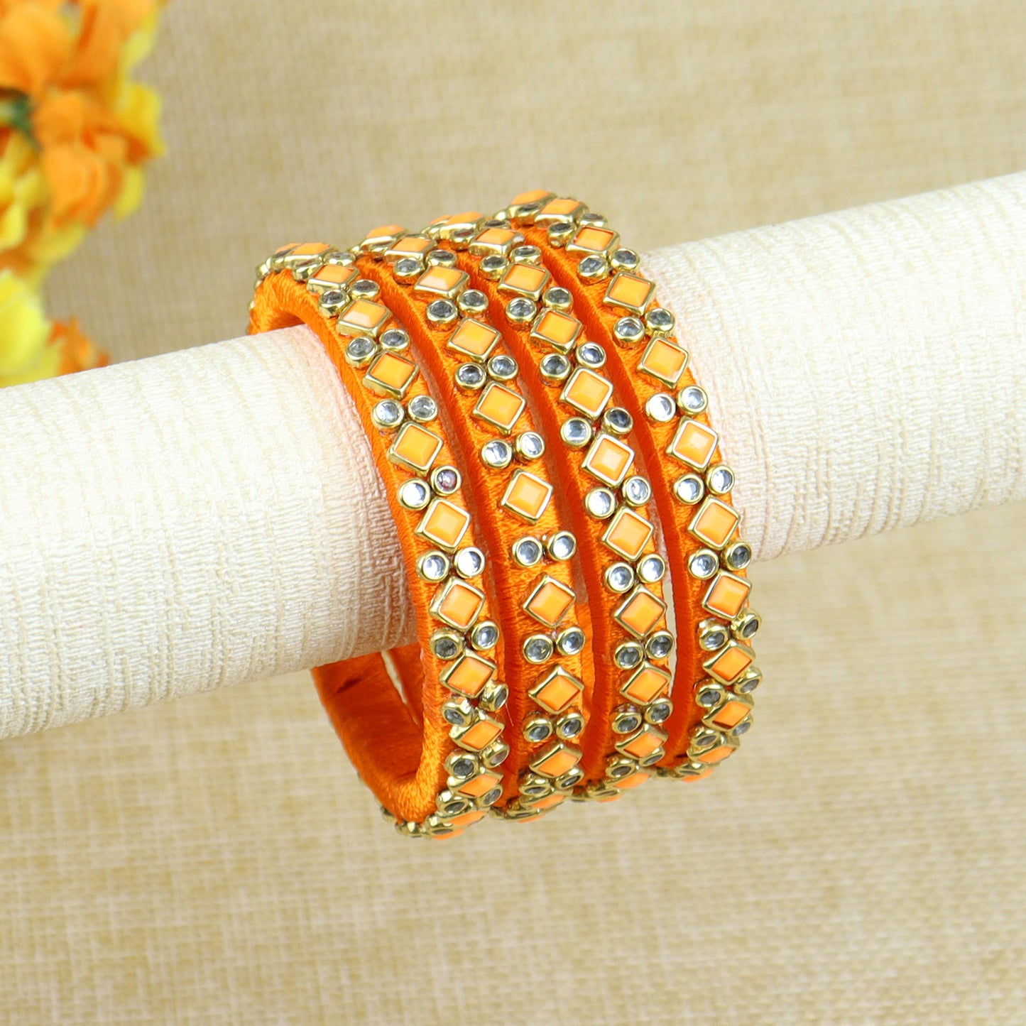 Silk Thread Square Kundan Stone Bangles - Set of 4