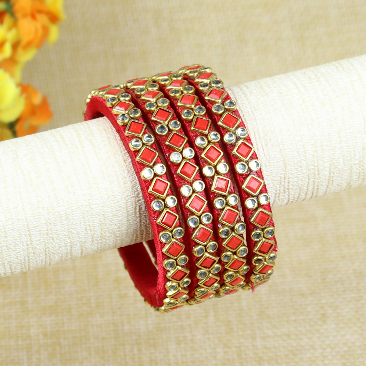 Silk Thread Square Kundan Stone Bangles - Set of 4
