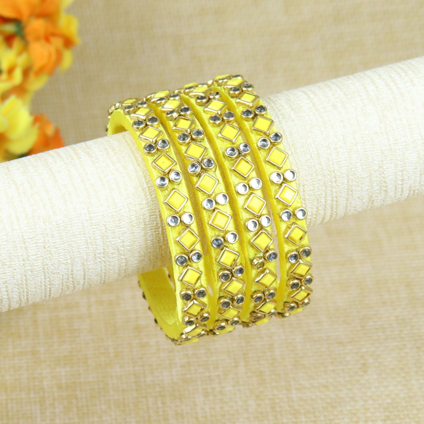 Silk Thread Square Kundan Stone Bangles - Set of 4
