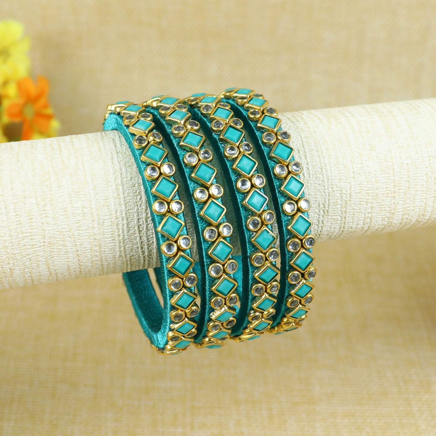 Silk Thread Square Kundan Stone Bangles - Set of 4