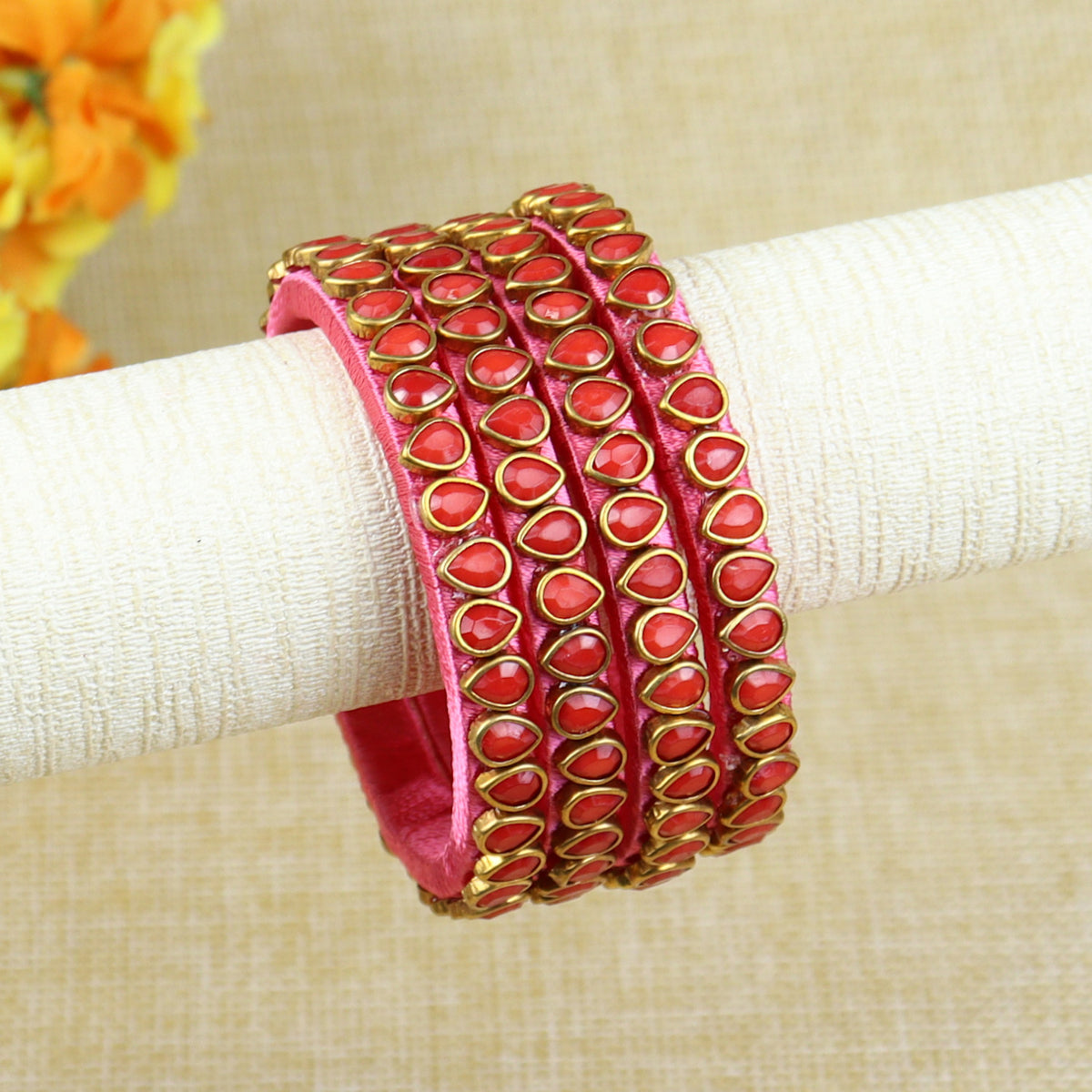 Silk Thread Kundan Stone Bangles - Set of 4