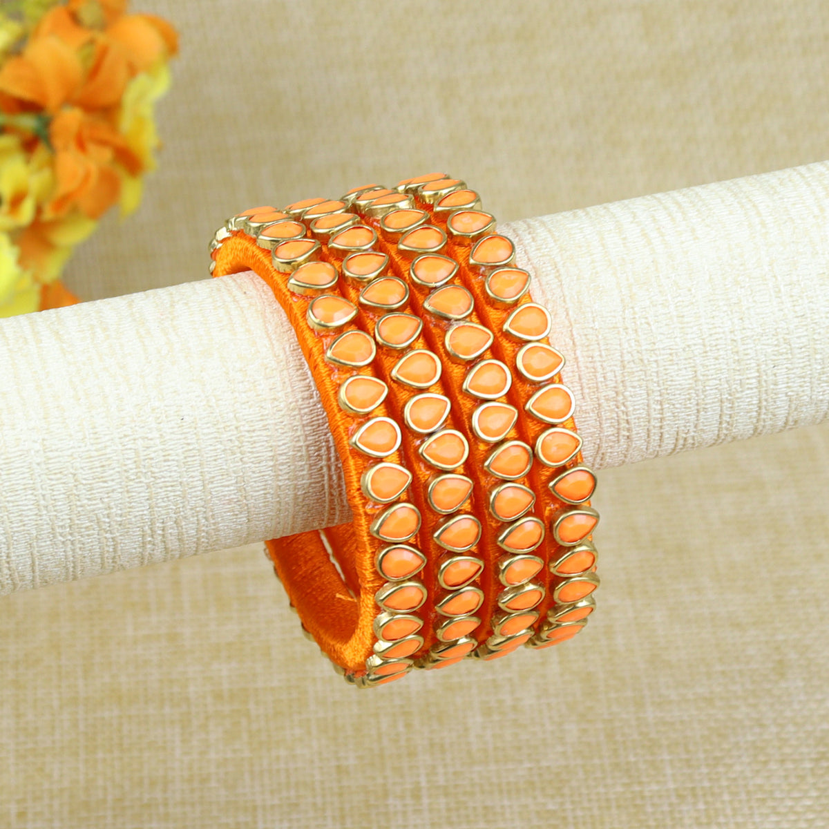 Silk Thread Kundan Stone Bangles - Set of 4