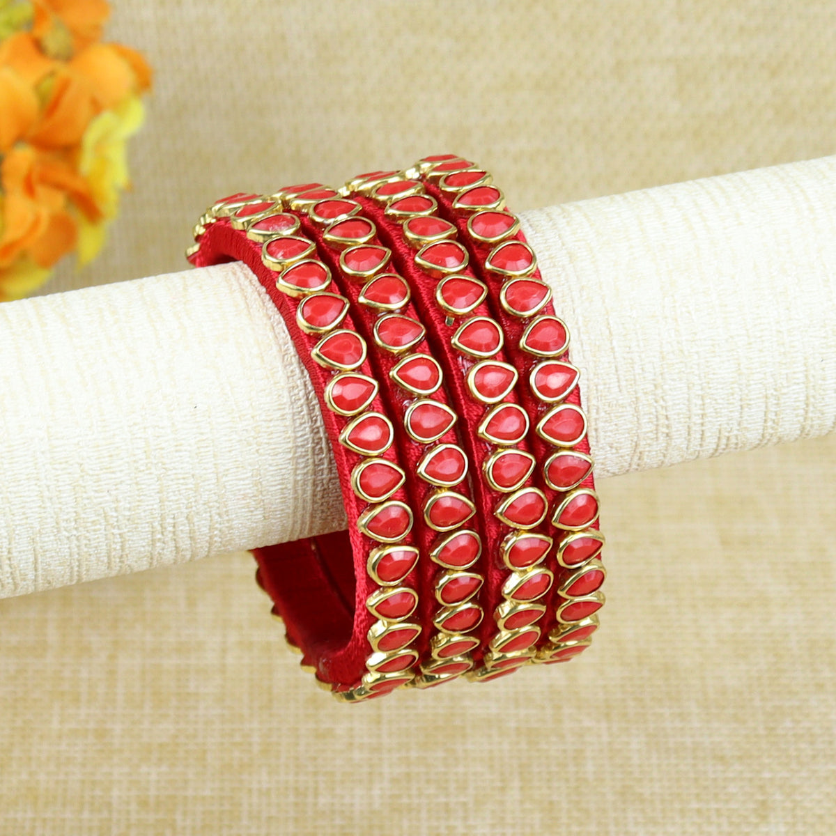 Silk Thread Kundan Stone Bangles - Set of 4