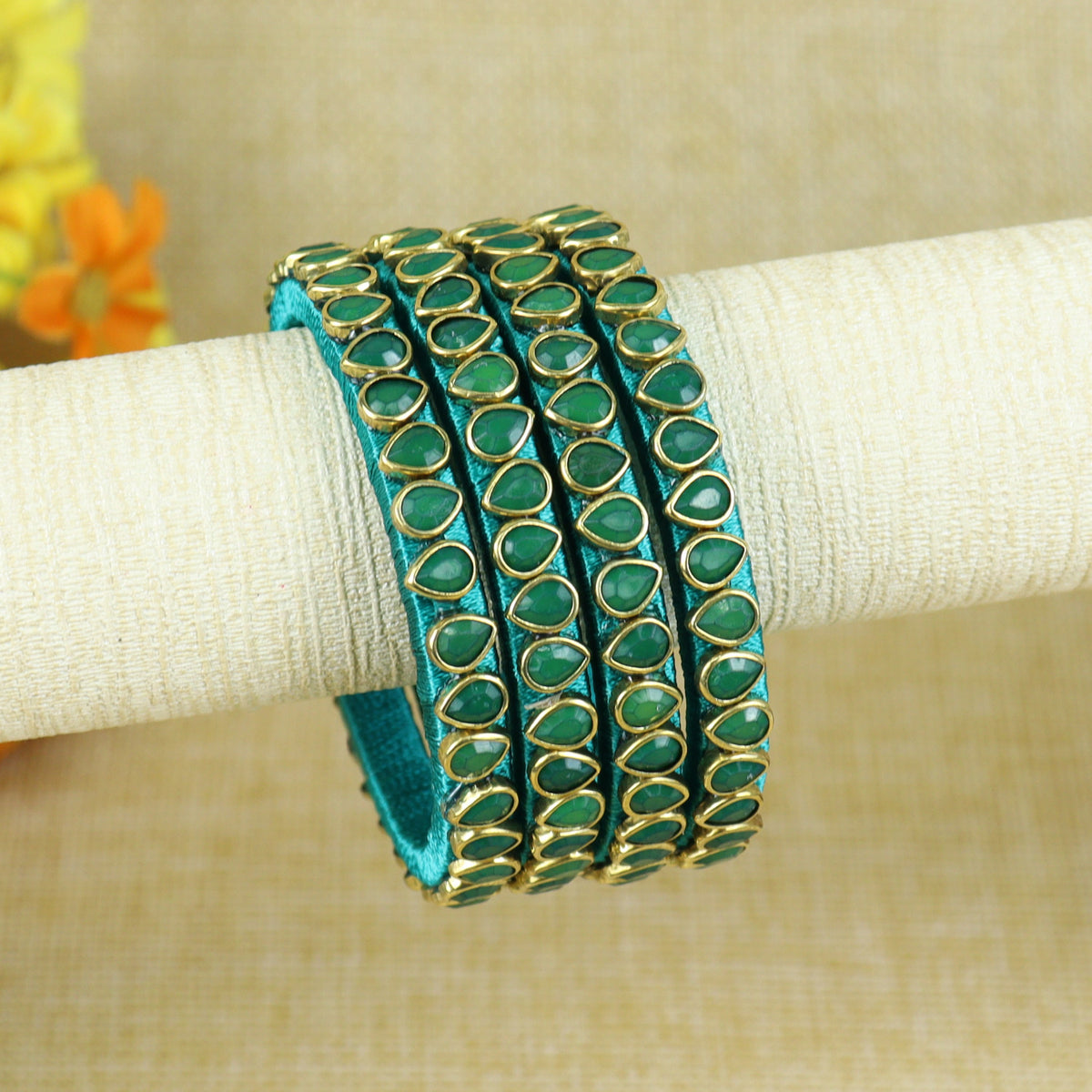 Silk Thread Kundan Stone Bangles - Set of 4