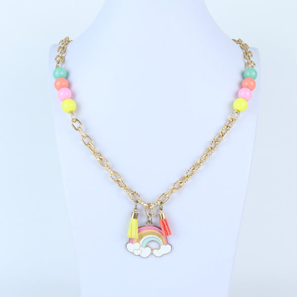 Rainbow Tassel Necklace & Bracelet Set - Pink