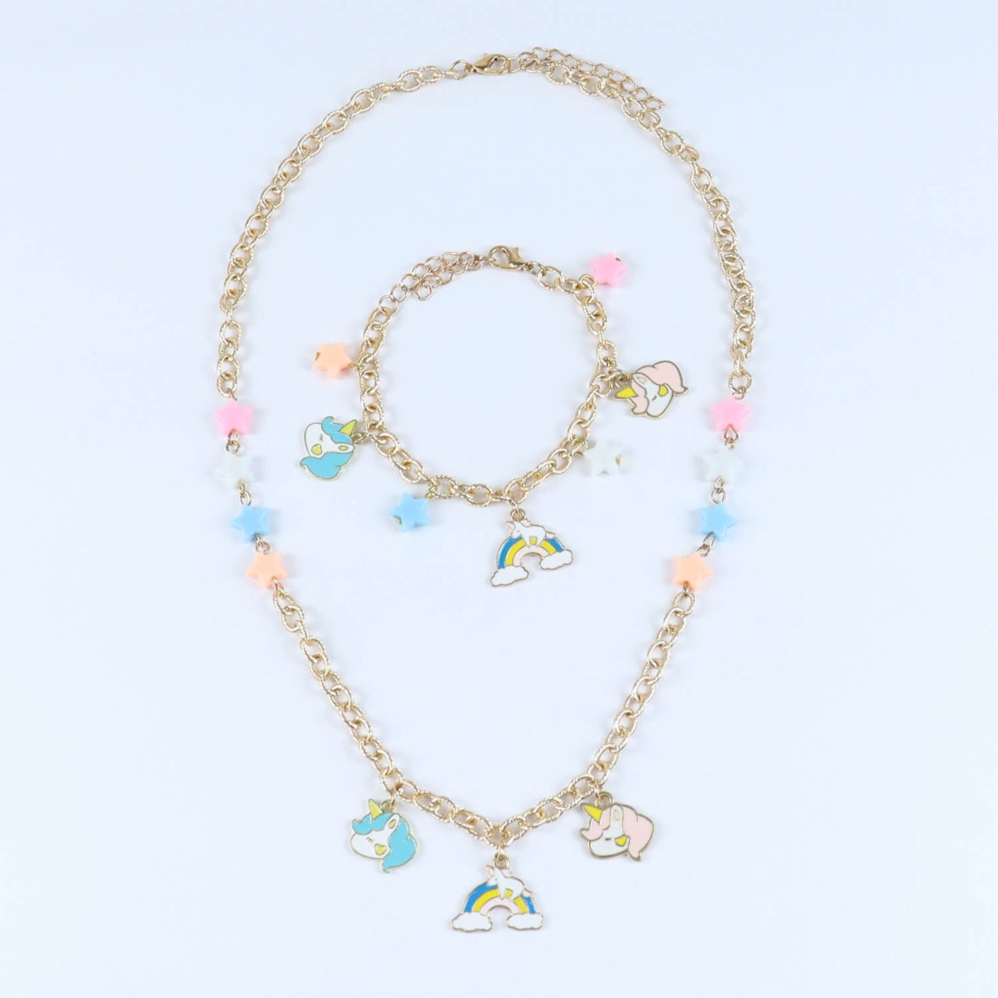Unicorn Rainbow Charms Necklace & Bracelet Set - Pink Blue
