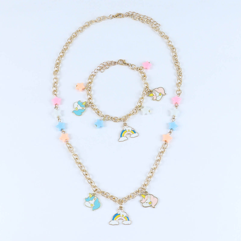 Unicorn Rainbow Charms Necklace & Bracelet Set - Pink Blue