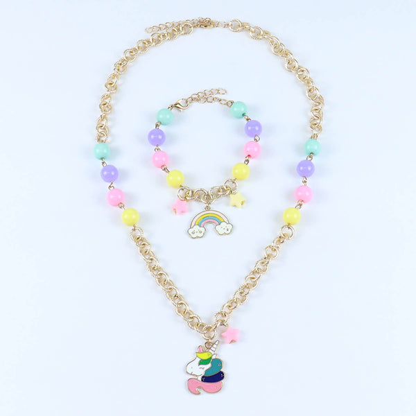 Unicorn Rainbow Charms Necklace & Bracelet Set - Pink Blue