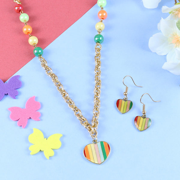 Hearts Charms Necklace & Bracelet Set - Pink Blue