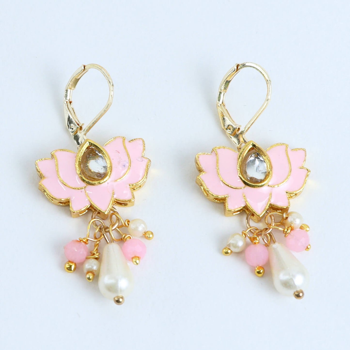 Meenakari Lotus Kundan Stone Earrings