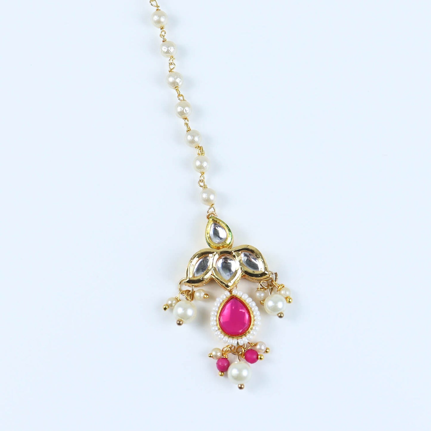 Kundan Studded Handcrafted Maang Tikka for Girls Pink