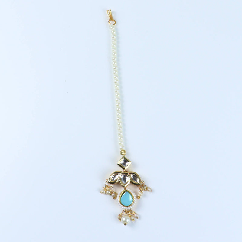 Kundan Studded Handcrafted Maang Tikka for Girls Blue