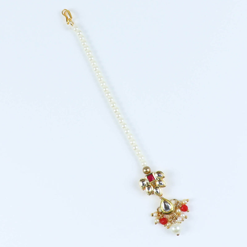 Kundan Studded Handcrafted Maang Tikka for Girls Red