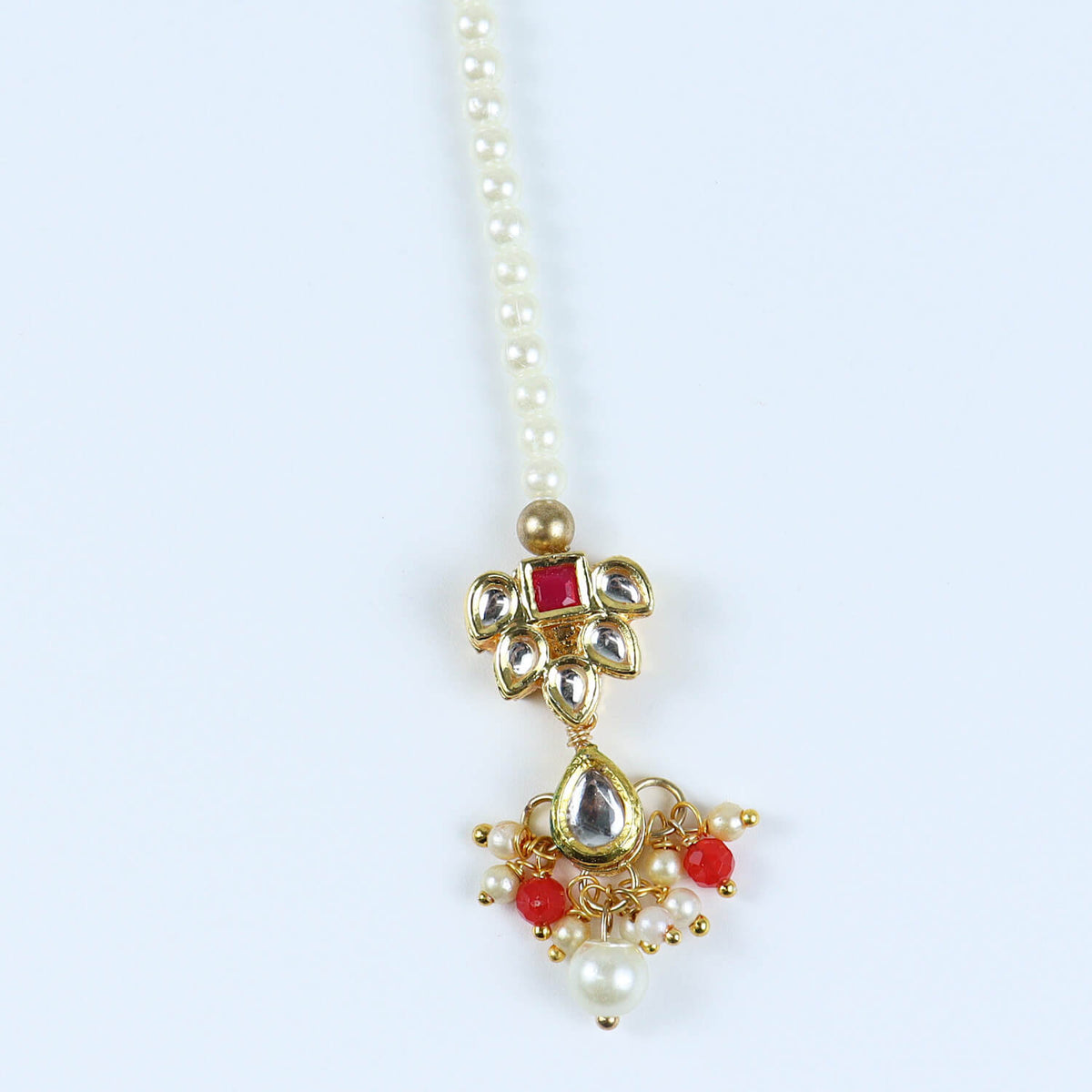Kundan Studded Handcrafted Maang Tikka for Girls Red