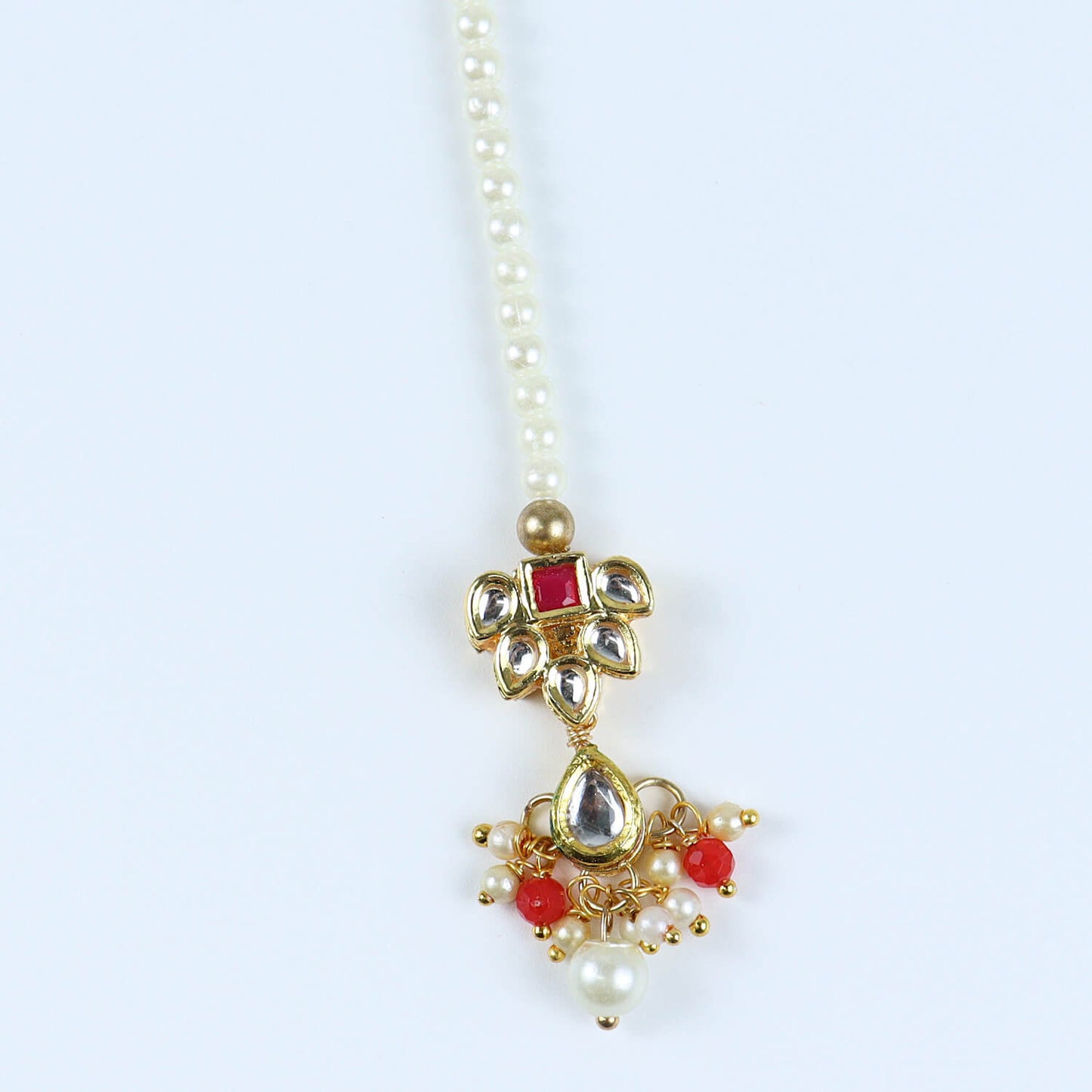 Kundan Studded Handcrafted Maang Tikka for Girls Red