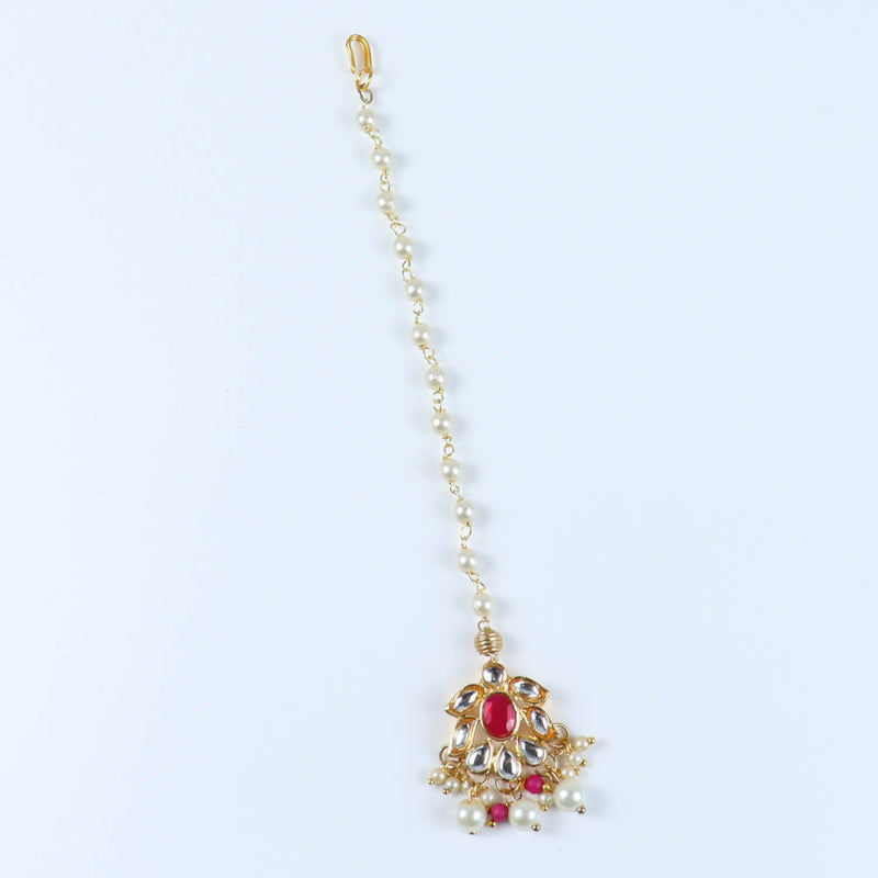 Kundan Studded Handcrafted Maang Tikka for Girls Red