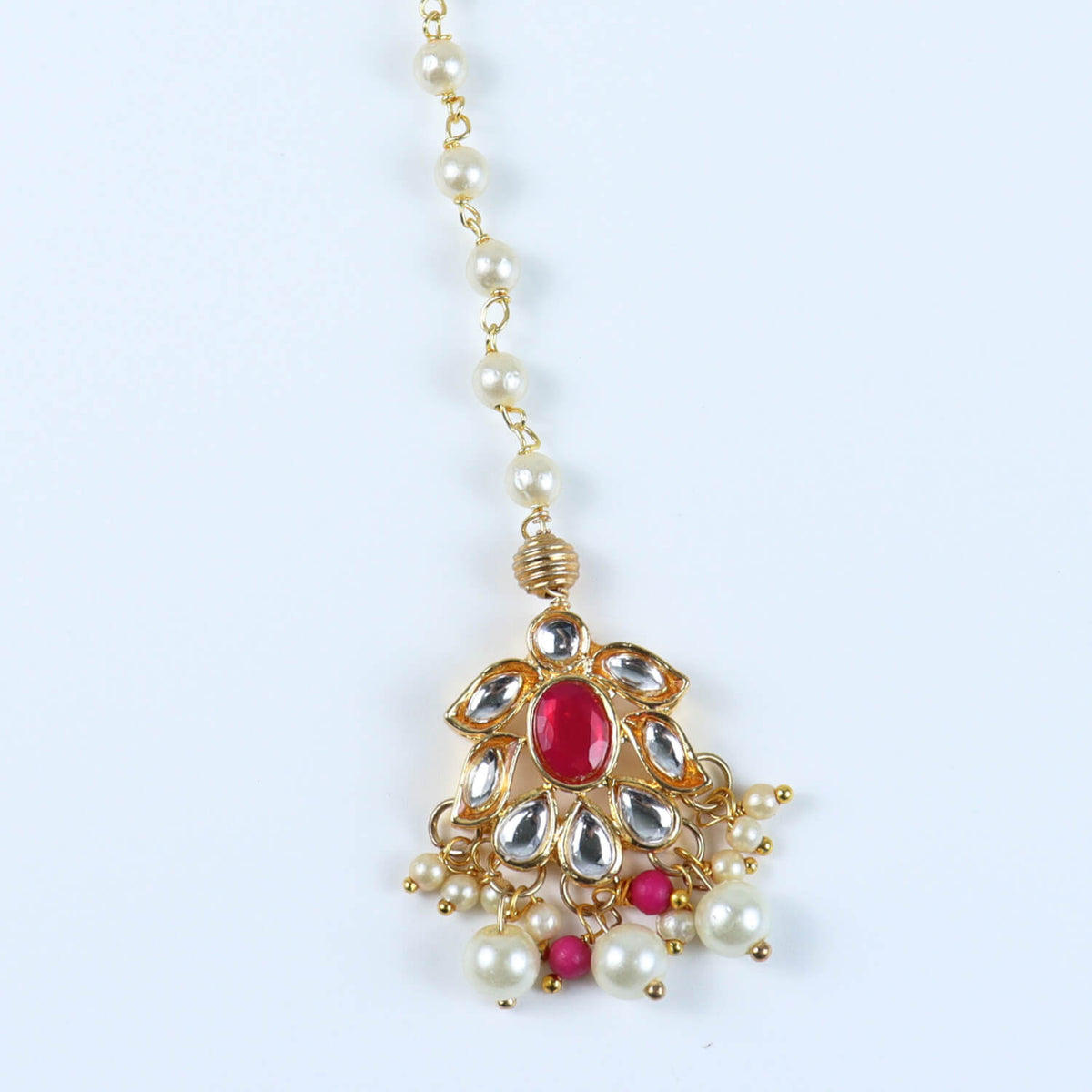 Kundan Studded Handcrafted Maang Tikka for Girls Red