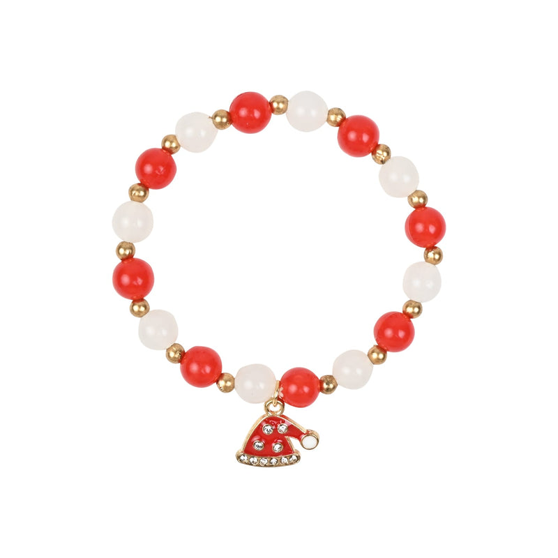 Christmas Cap Charm Beaded Bracelet Red::White