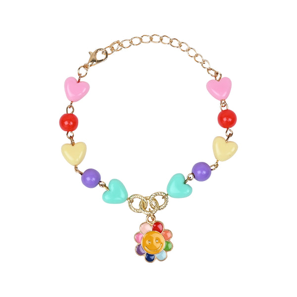 Floral Smiley Charm Necklace & Bracelet Set - Blue & Pink