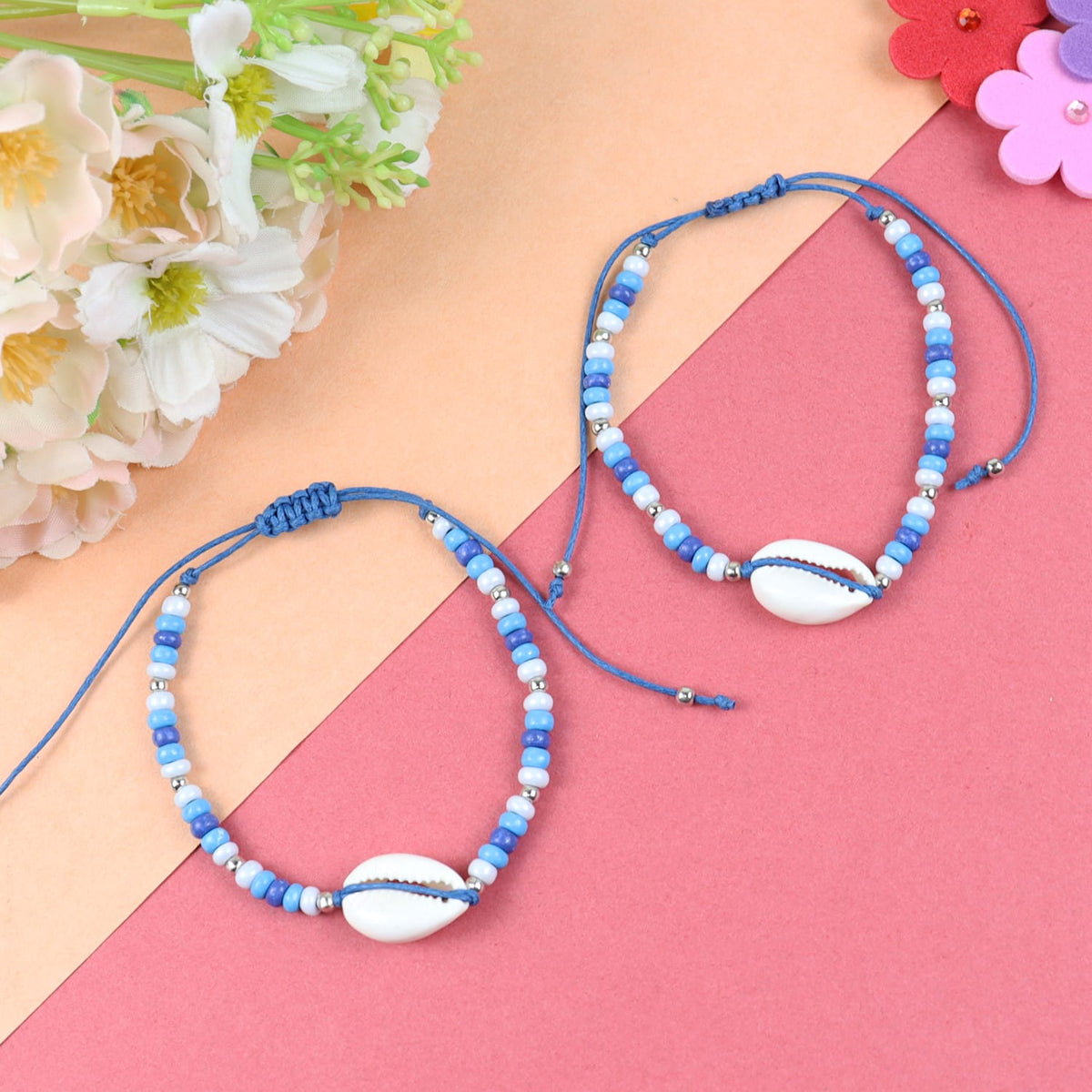 Beaded Beach Shell Adjustable Anklet - Set of 2