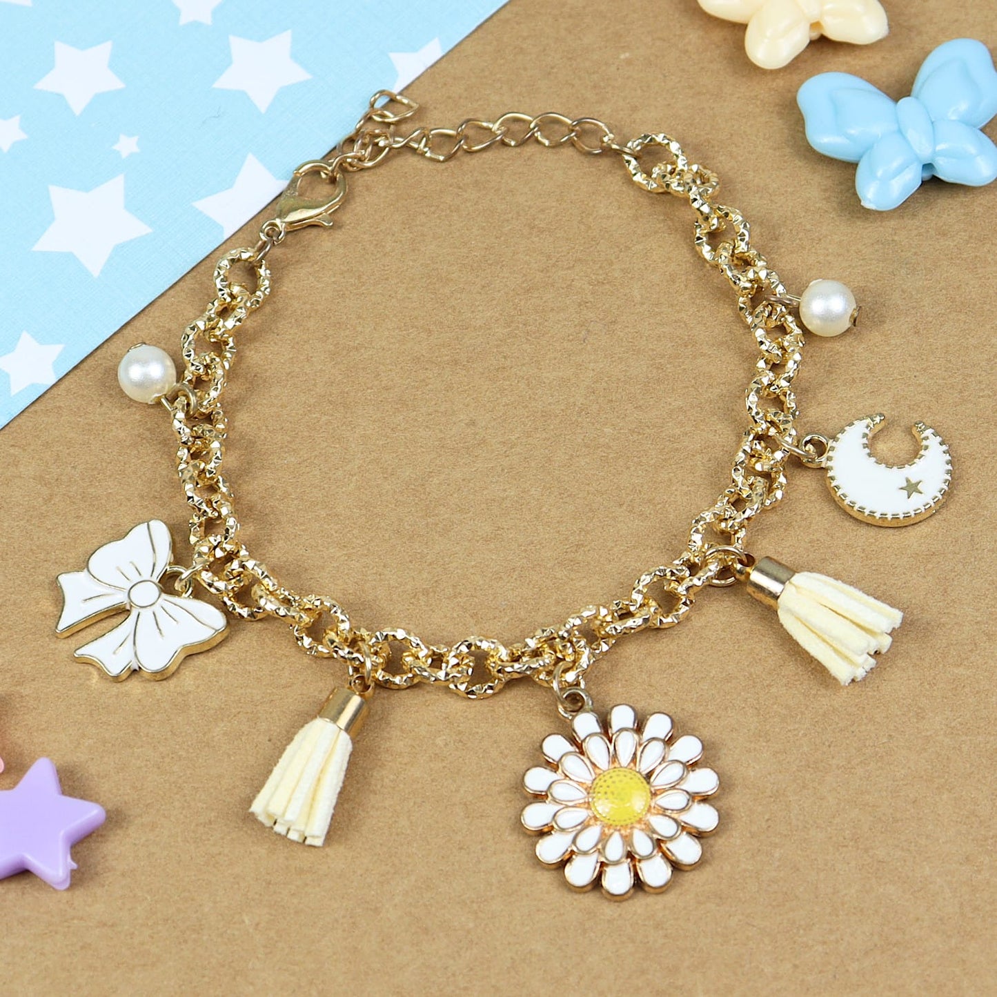 Floral Charm Tassel Chain Bracelet