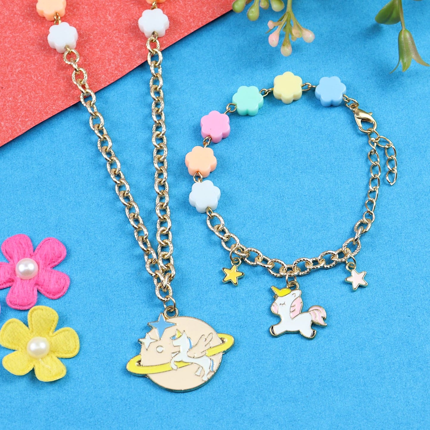 Unicorn Galaxy Charm Necklace & Bracelet Jewellery Set