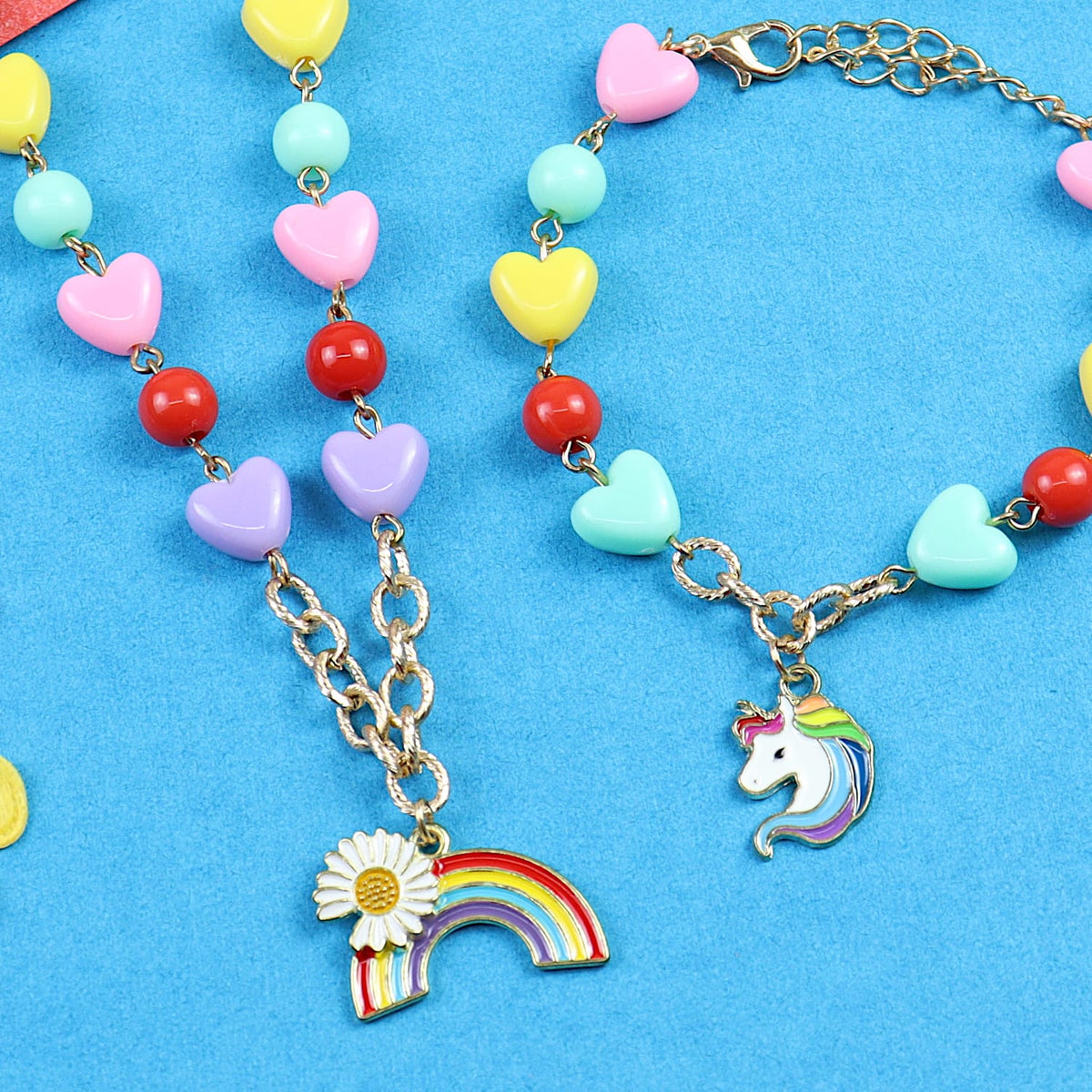 Unicorn Rainbow Charm Necklace & Bracelet Jewellery Set