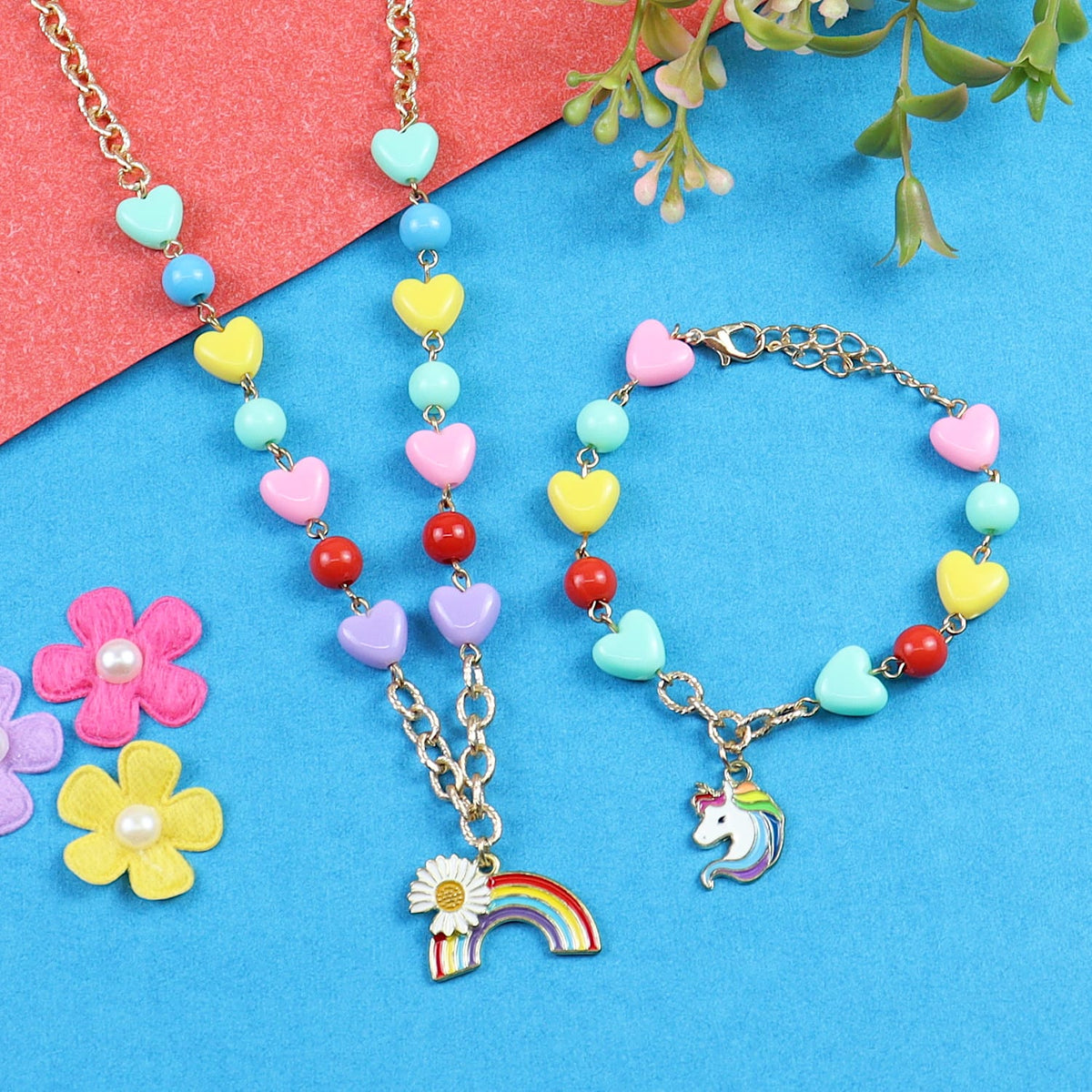 Unicorn Rainbow Charm Necklace & Bracelet Jewellery Set