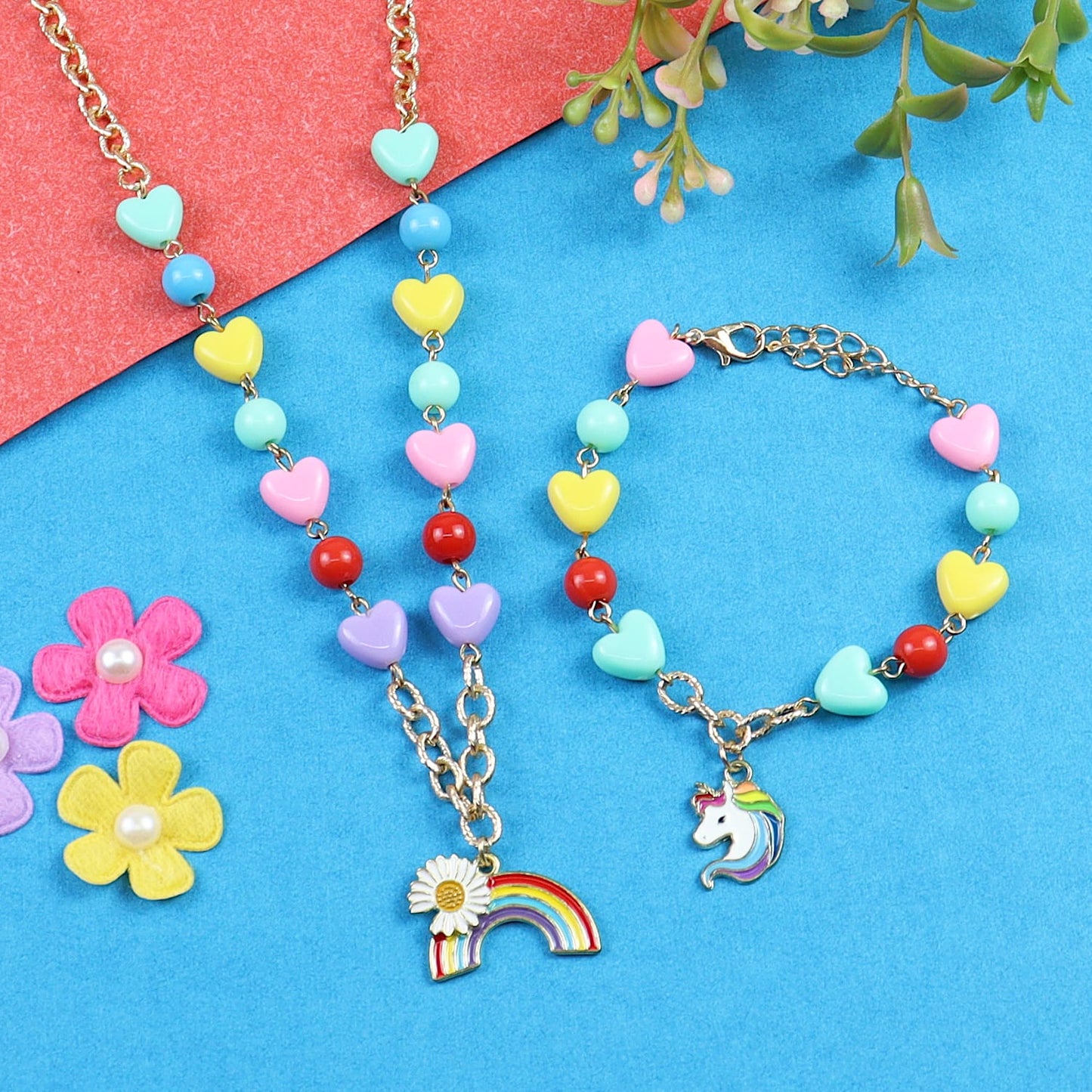 Unicorn Rainbow Charm Necklace & Bracelet Jewellery Set