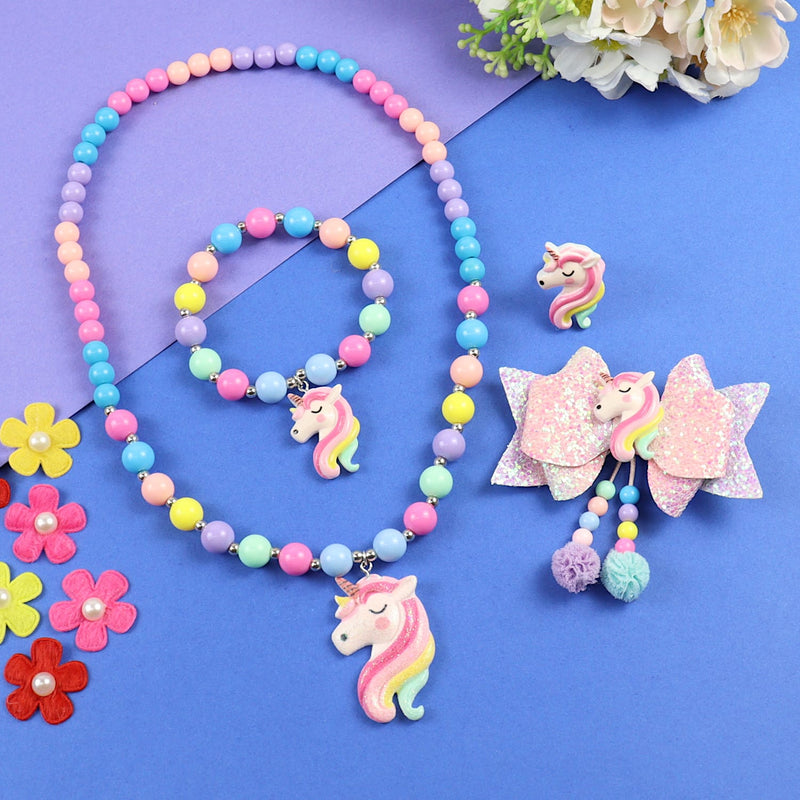 Unicorn Beaded Necklace Bracelet Finger Ring Hair Clip Jewellery Set