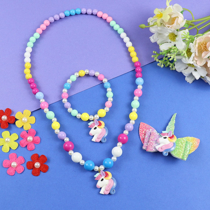 Unicorn Beaded Necklace Bracelet Hair Clip Jewellery Set