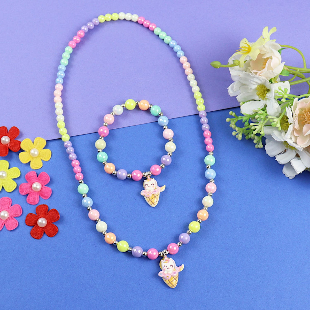 Unicorn Ice-Cream Charm Necklace Bracelet Set