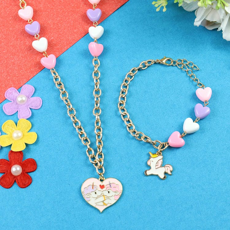 Heart Unicorn Charm Necklace Bracelet Jewellery Set – Cute & Trendy Jewellery for Girls | Asthetika India