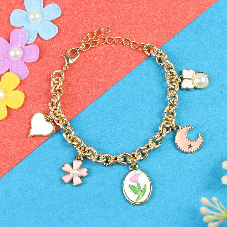 Multi-Charm Flower Chain Bracelet – Cute & Trendy Jewellery for Girls | Asthetika India