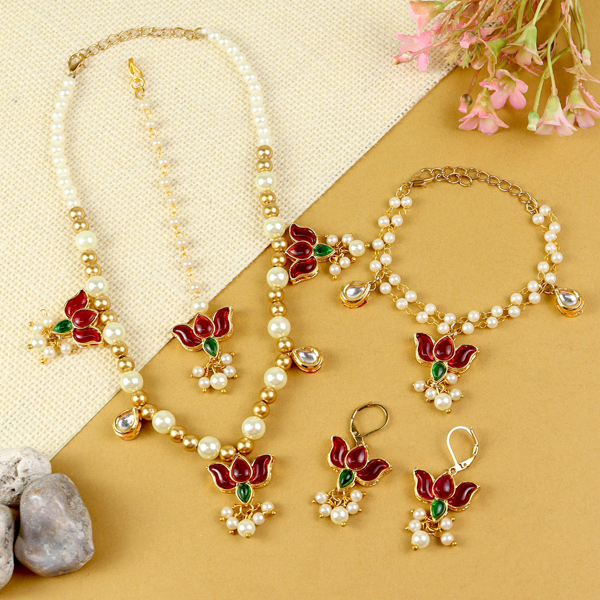 Kundan Lotus jewellery set for girls in gold-toned base, laid flat