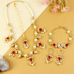 Kundan jewellery set for girls in gold-toned base, laid flat