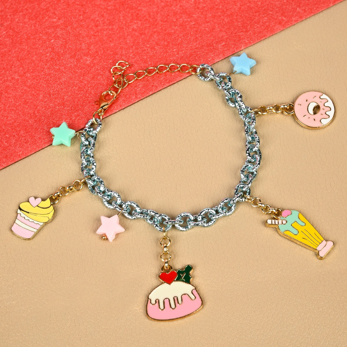 Donut charm chain bracelet, laid flat