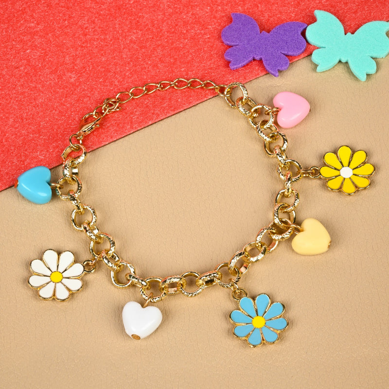 Floral charm chain bracelet, laid flat
