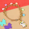 Unicorn charm bracelet on a chain, laid flat