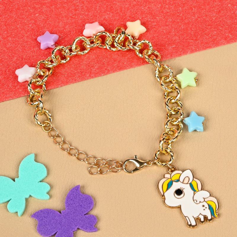 Unicorn charm bracelet on a chain, laid flat