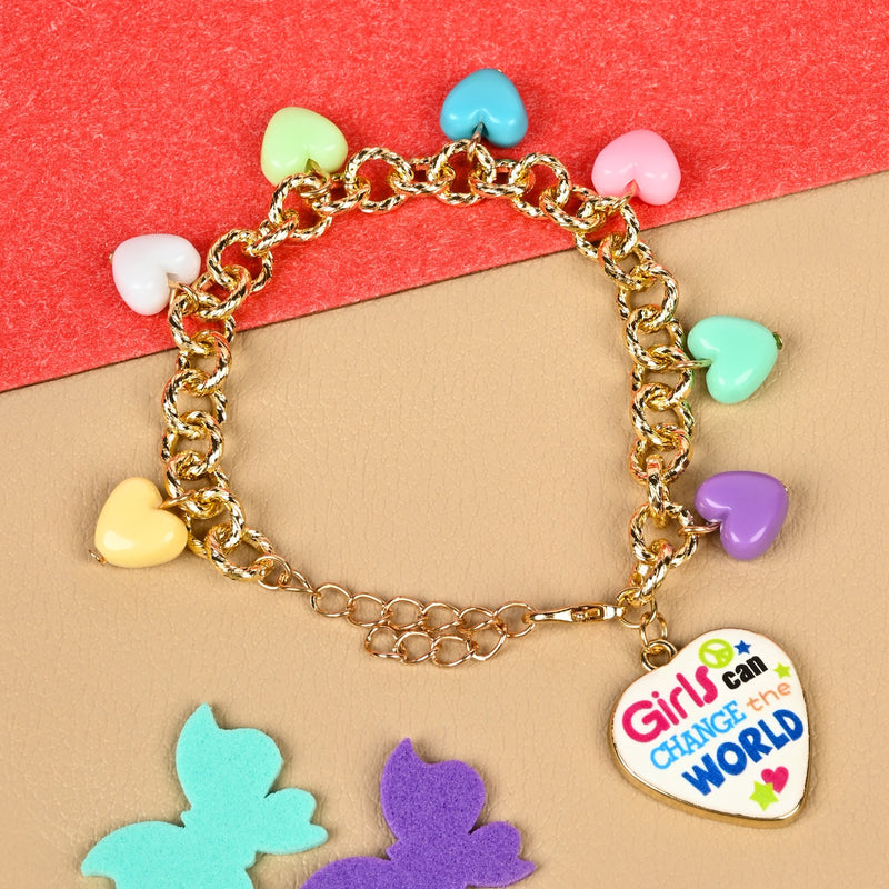 "Girls Can Change the World" charm bracelet, laid flat