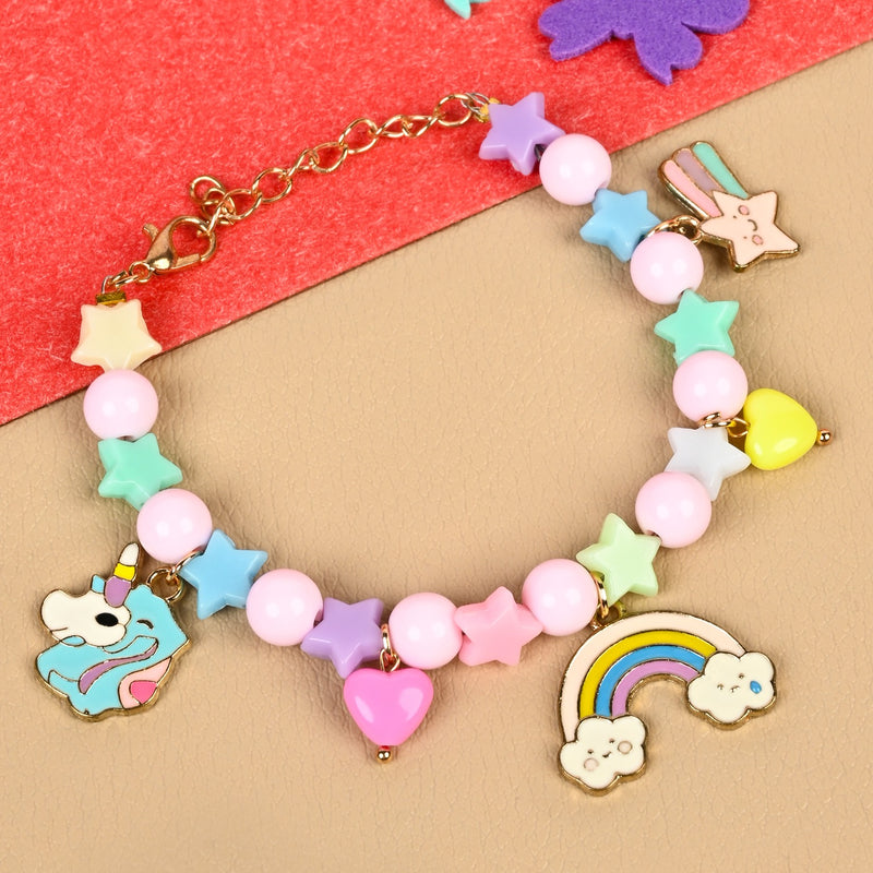 Unicorn rainbow beaded charm bracelet, laid flat