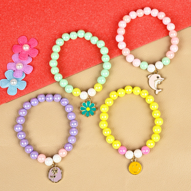 Set of 4 a floral charm beaded bracelets, laid flat