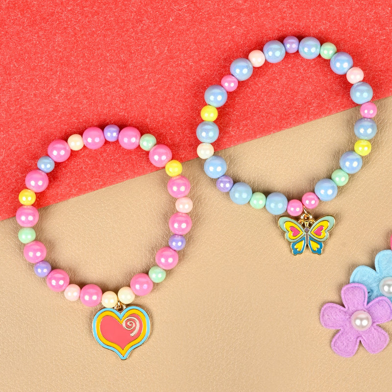 Set of 2 a butterfly or heart charm beaded bracelets, laid flat